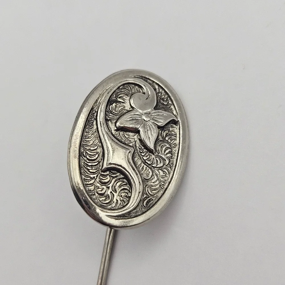 Vintage Sterling Silver Floral Scroll Oval Stick Pin Hat Lapel